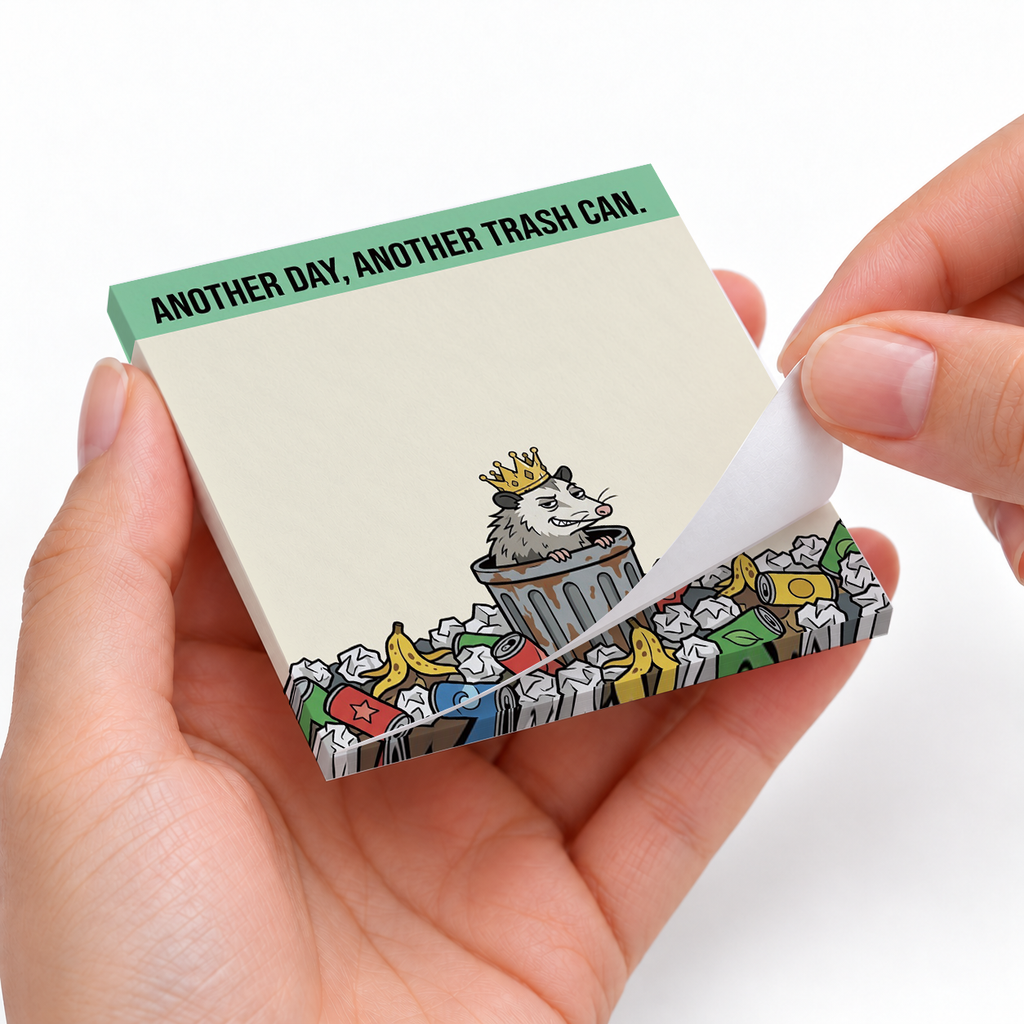 Trash Can King Opossum sticky notes styled with a planner and desk accessories