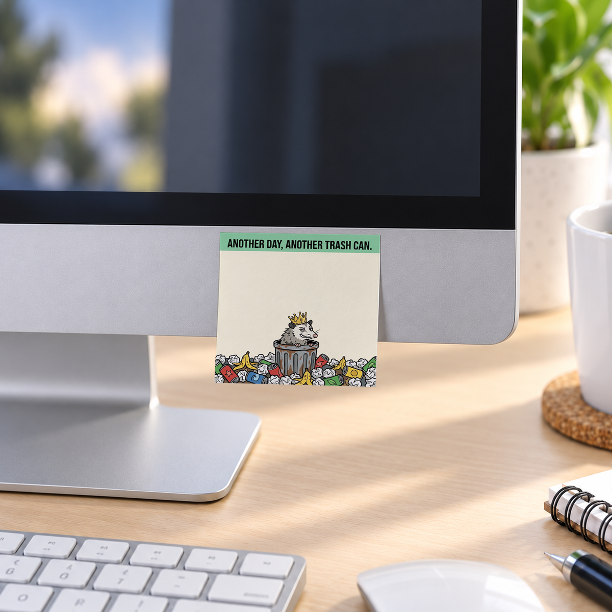 Trash Can King Opossum memo pad in an office or home workspace