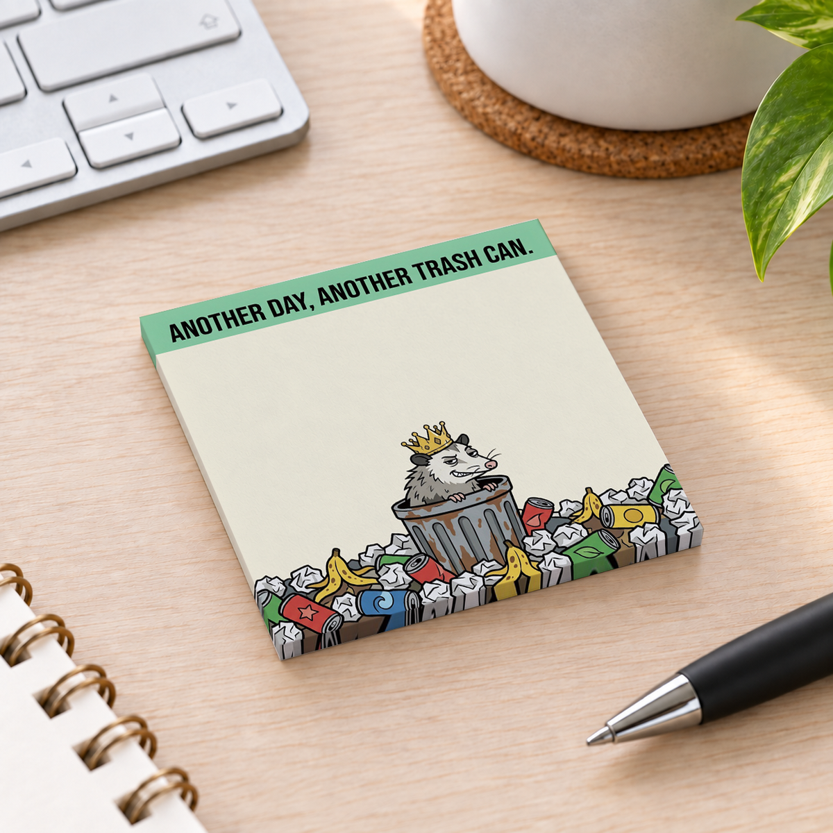 Close-up of Trash Can King Opossum sticky note design and writable area