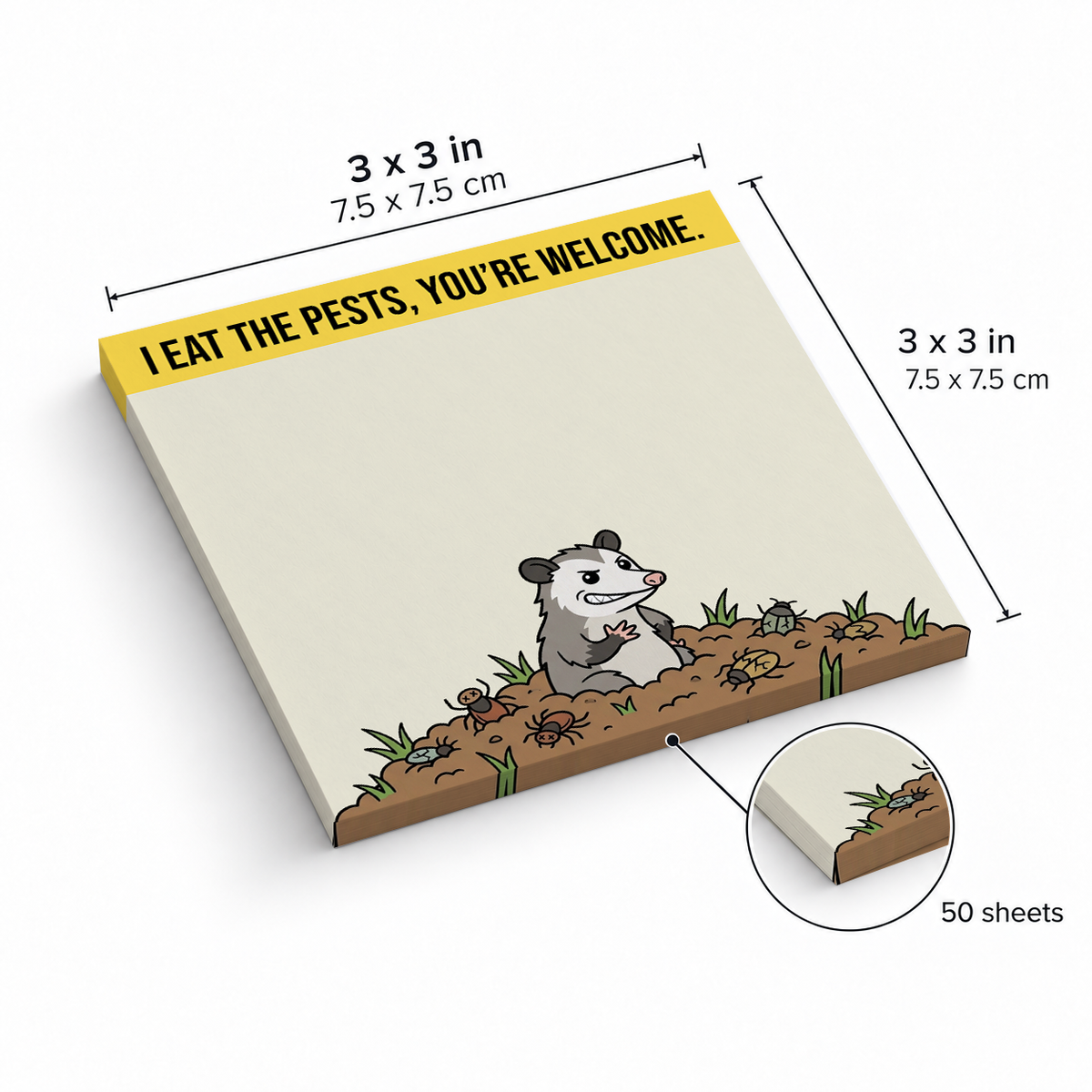 Funny Opossum Eating Pests sticky notes, 3x3 in (7.5 x 7.5 cm), 50 sheets