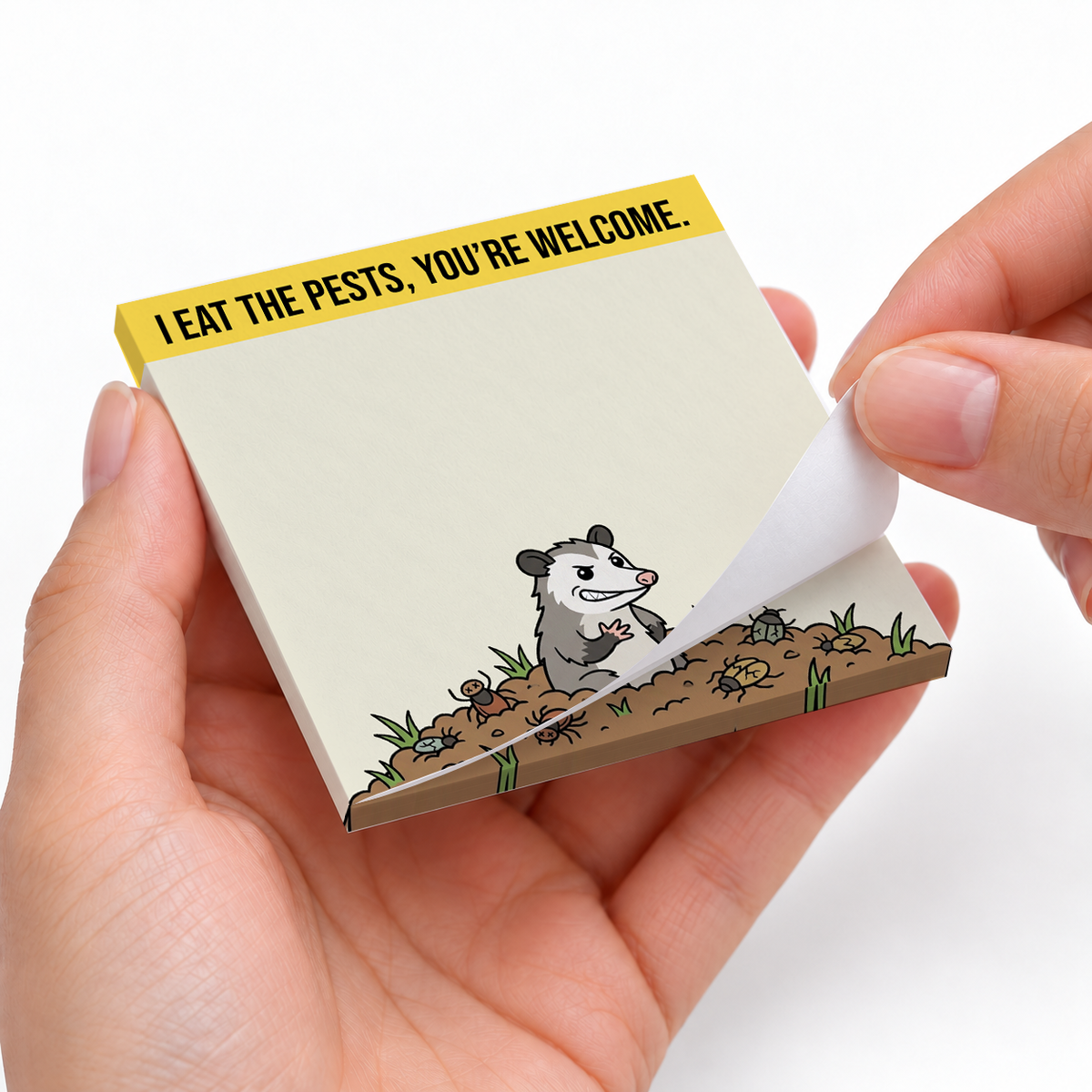 Funny Opossum Eating Pests sticky notes styled with a planner and desk accessories