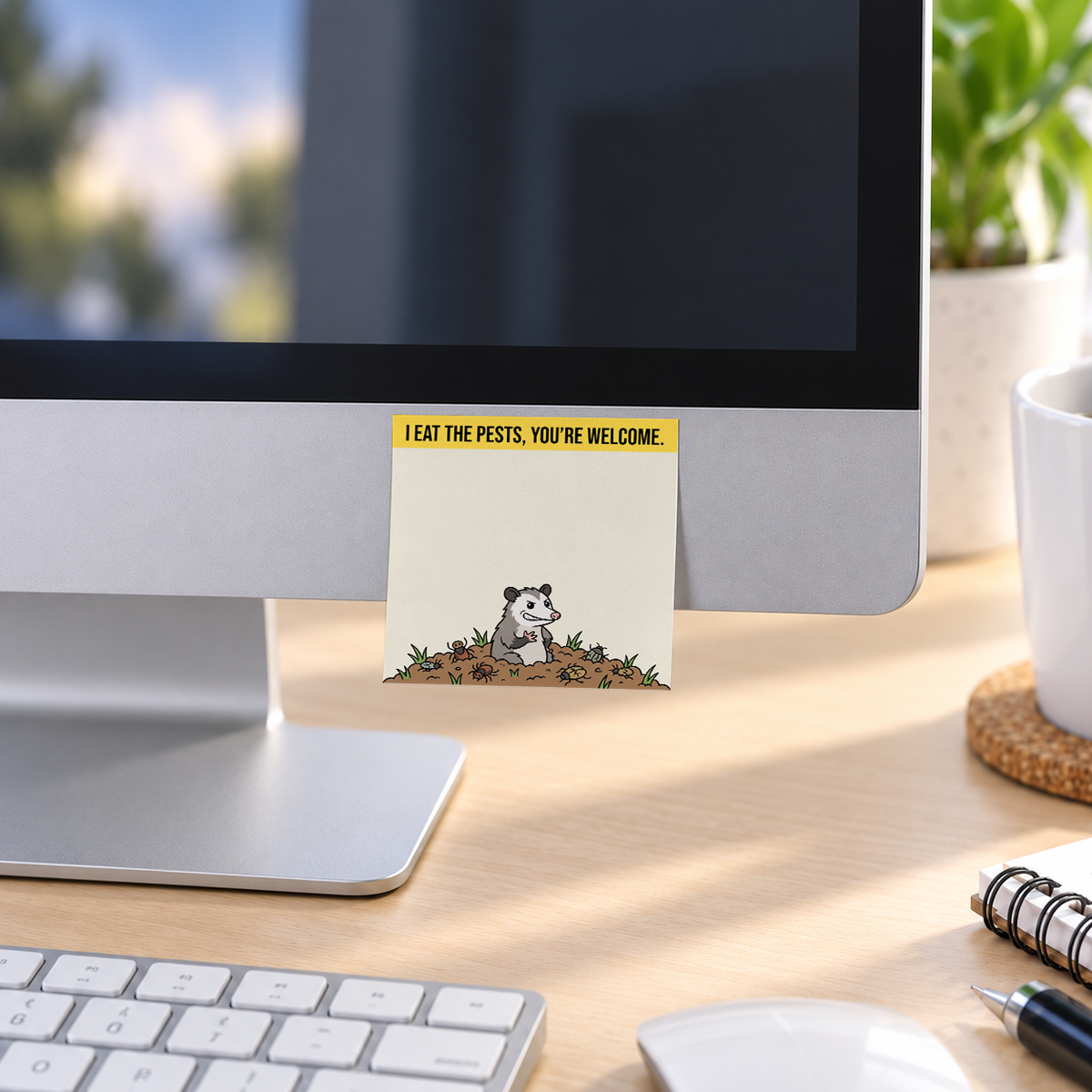 Funny Opossum Eating Pests memo pad in an office or home workspace