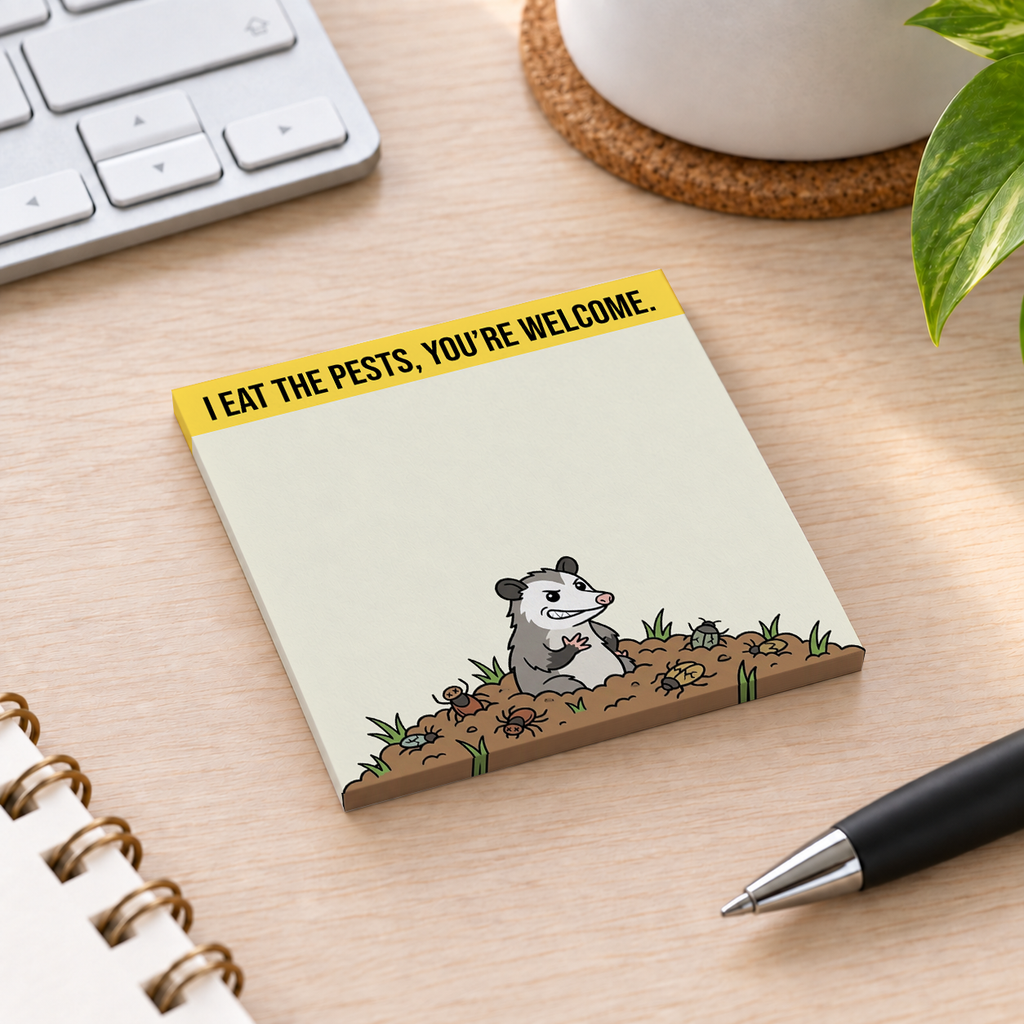Close-up of Funny Opossum Eating Pests sticky note design and writable area
