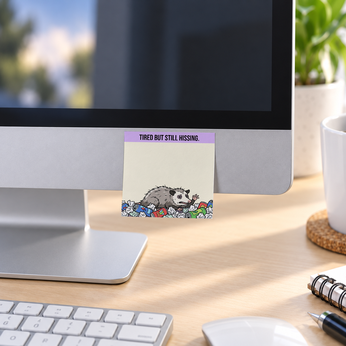 Tired But Still Hissing Opossum memo pad in an office or home workspace