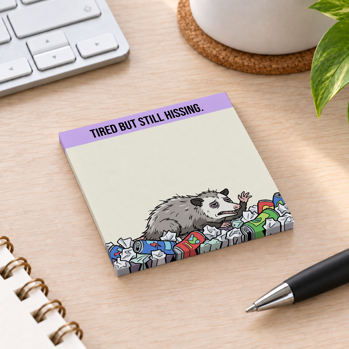 Close-up of Tired But Still Hissing Opossum sticky note design and writable area