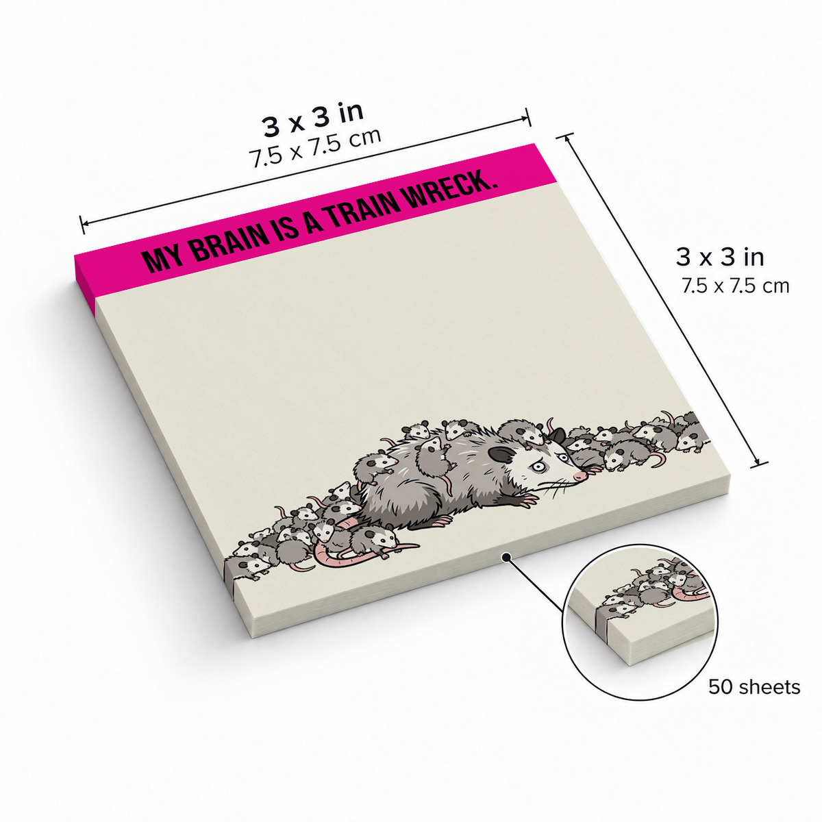 Train Wreck Brain Opossum sticky notes, 3x3 in (7.5 x 7.5 cm), 50 sheets