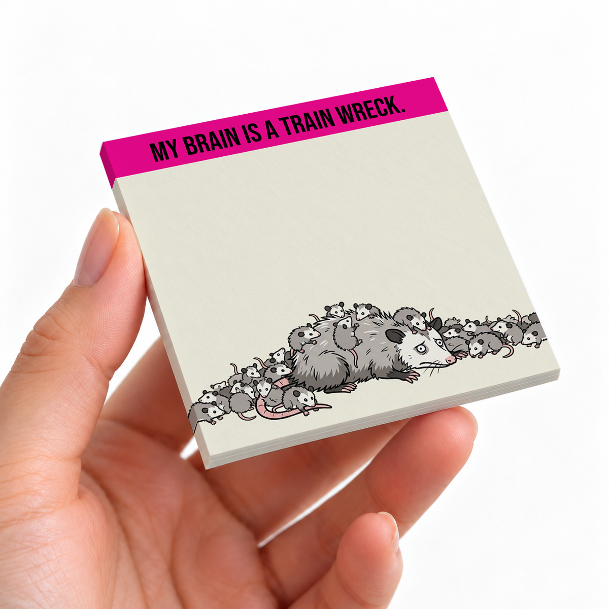 Train Wreck Brain Opossum sticky note pad on a desk with stationery