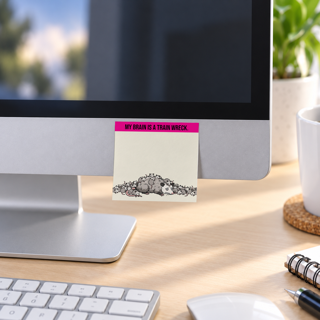 Train Wreck Brain Opossum memo pad in an office or home workspace