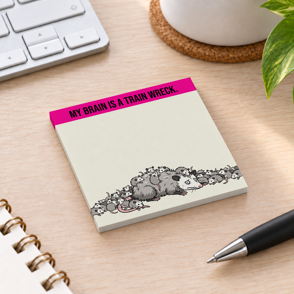 Close-up of Train Wreck Brain Opossum sticky note design and writable area
