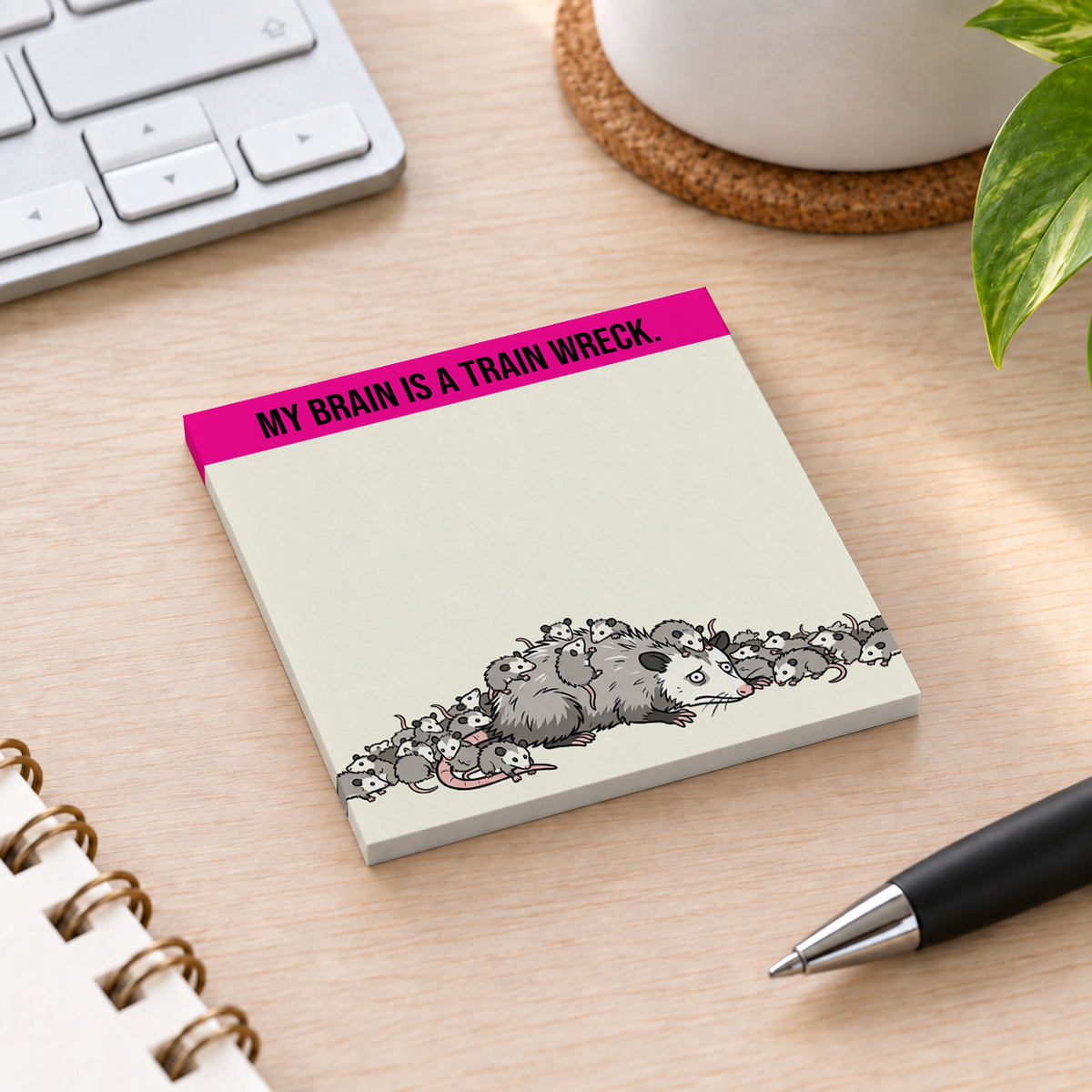 Close-up of Train Wreck Brain Opossum sticky note design and writable area