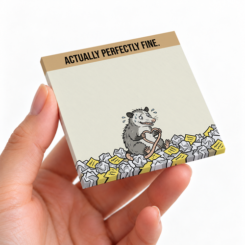Actually Perfectly Fine Opossum sticky note pad on a desk with stationery