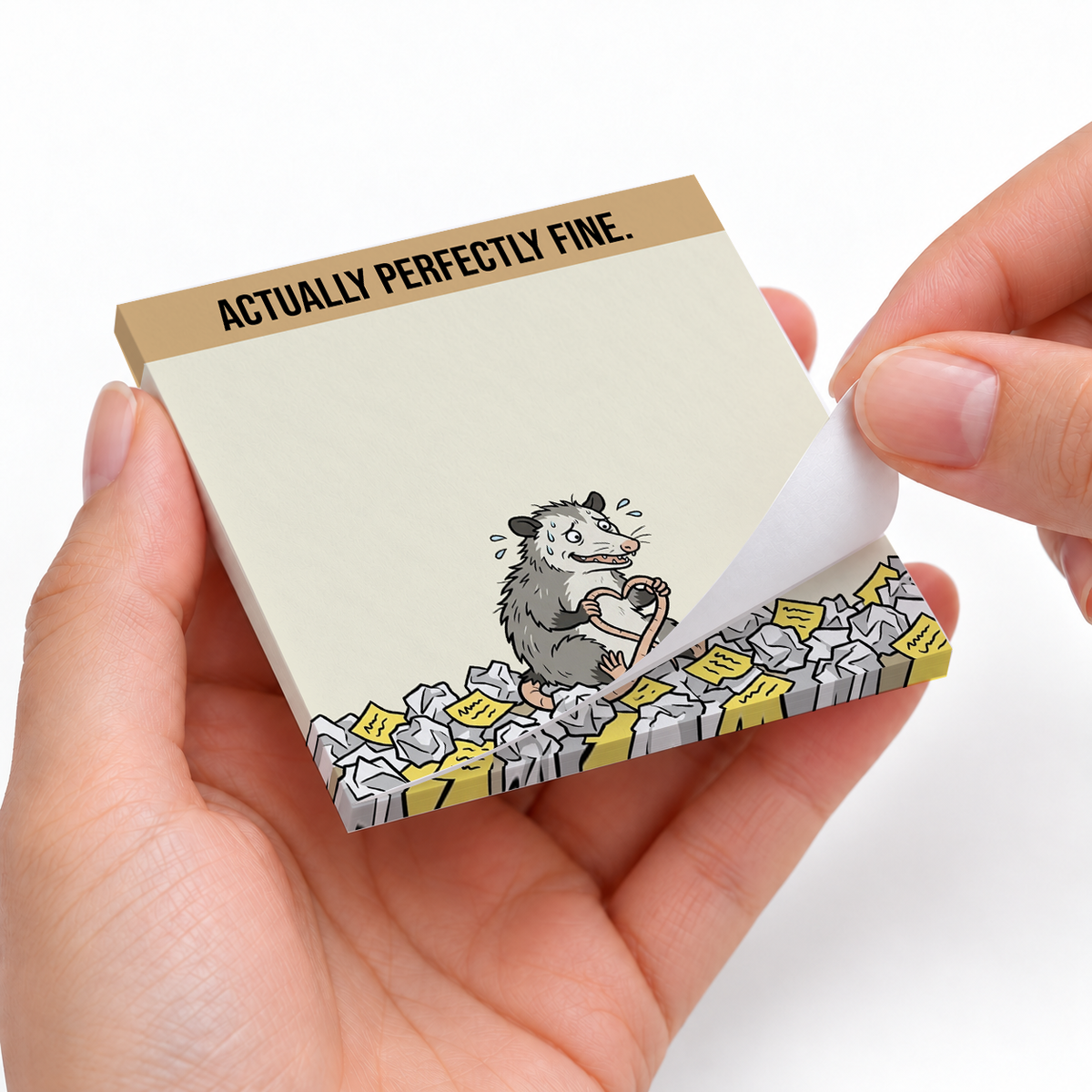 Actually Perfectly Fine Opossum sticky notes styled with a planner and desk accessories