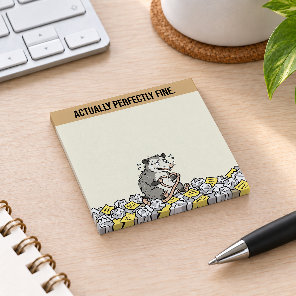 Close-up of Actually Perfectly Fine Opossum sticky note design and writable area