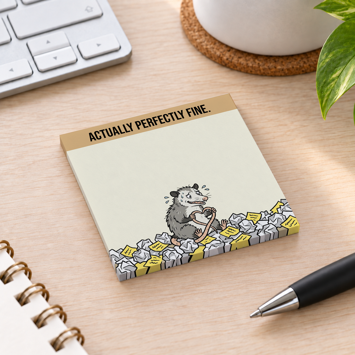 Close-up of Actually Perfectly Fine Opossum sticky note design and writable area