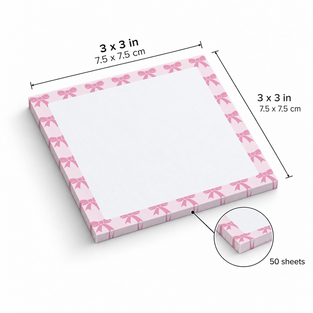 Pink Bow Repeating Border sticky notes, 3x3 in (7.5 x 7.5 cm), 50 sheets