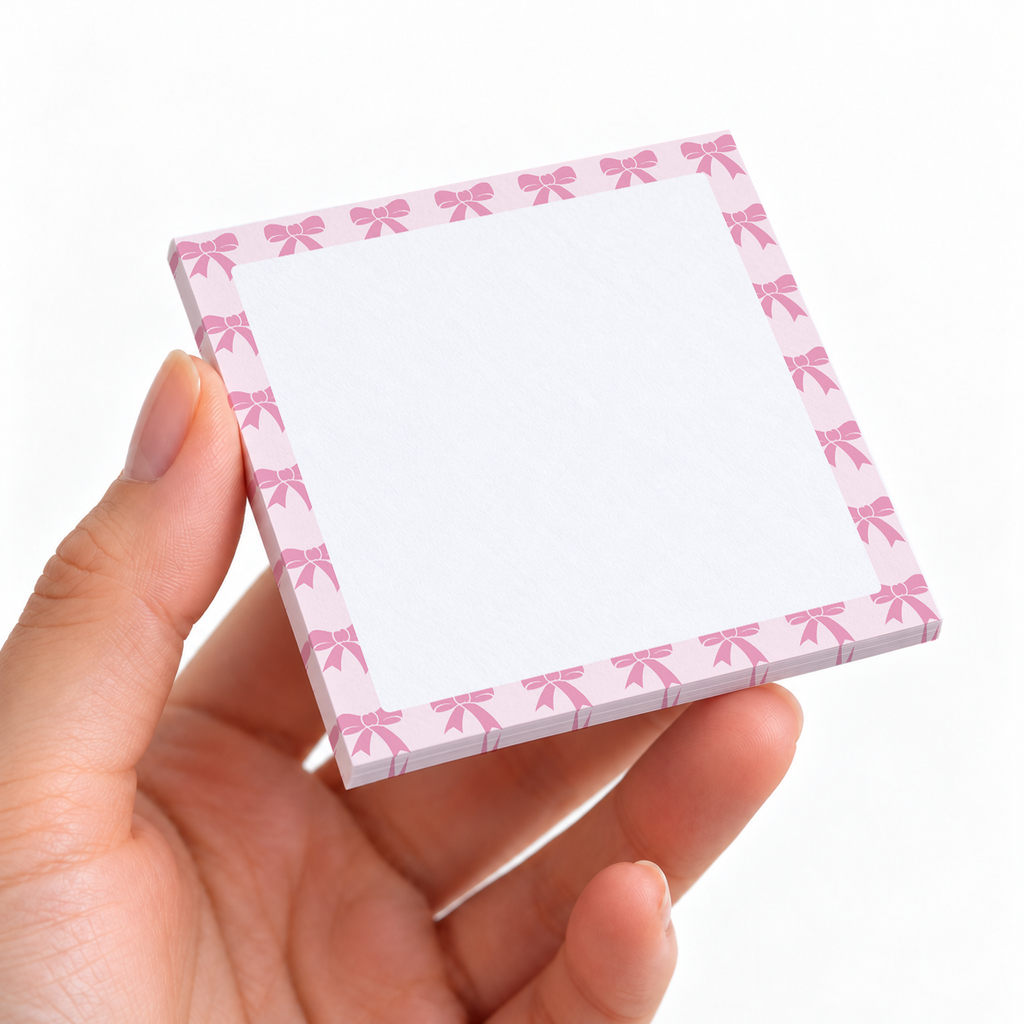 Pink Bow Repeating Border sticky note pad on a desk with stationery