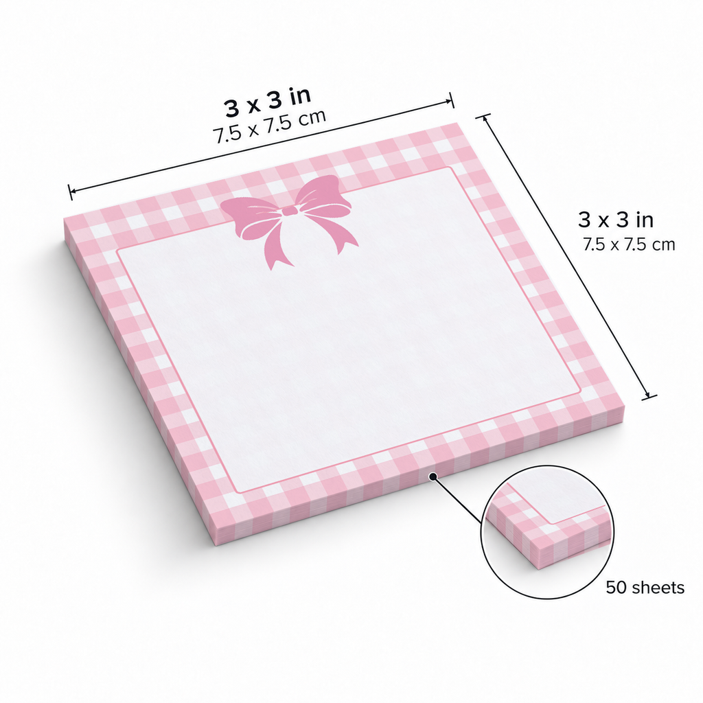 Pink Gingham Top Bow sticky notes, 3x3 in (7.5 x 7.5 cm), 50 sheets
