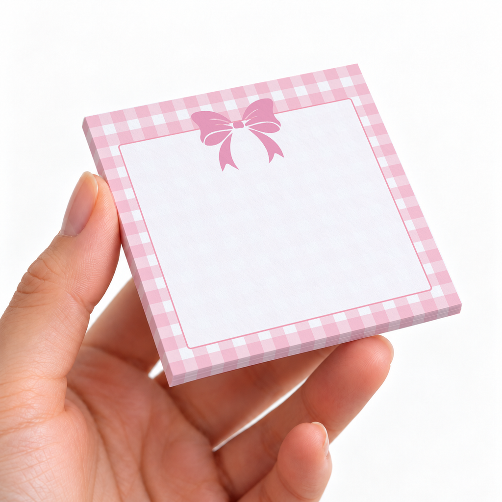 Pink Gingham Top Bow sticky note pad on a desk with stationery
