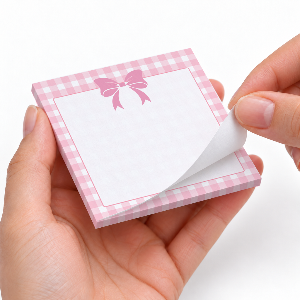 Pink Gingham Top Bow sticky notes styled with a planner and desk accessories