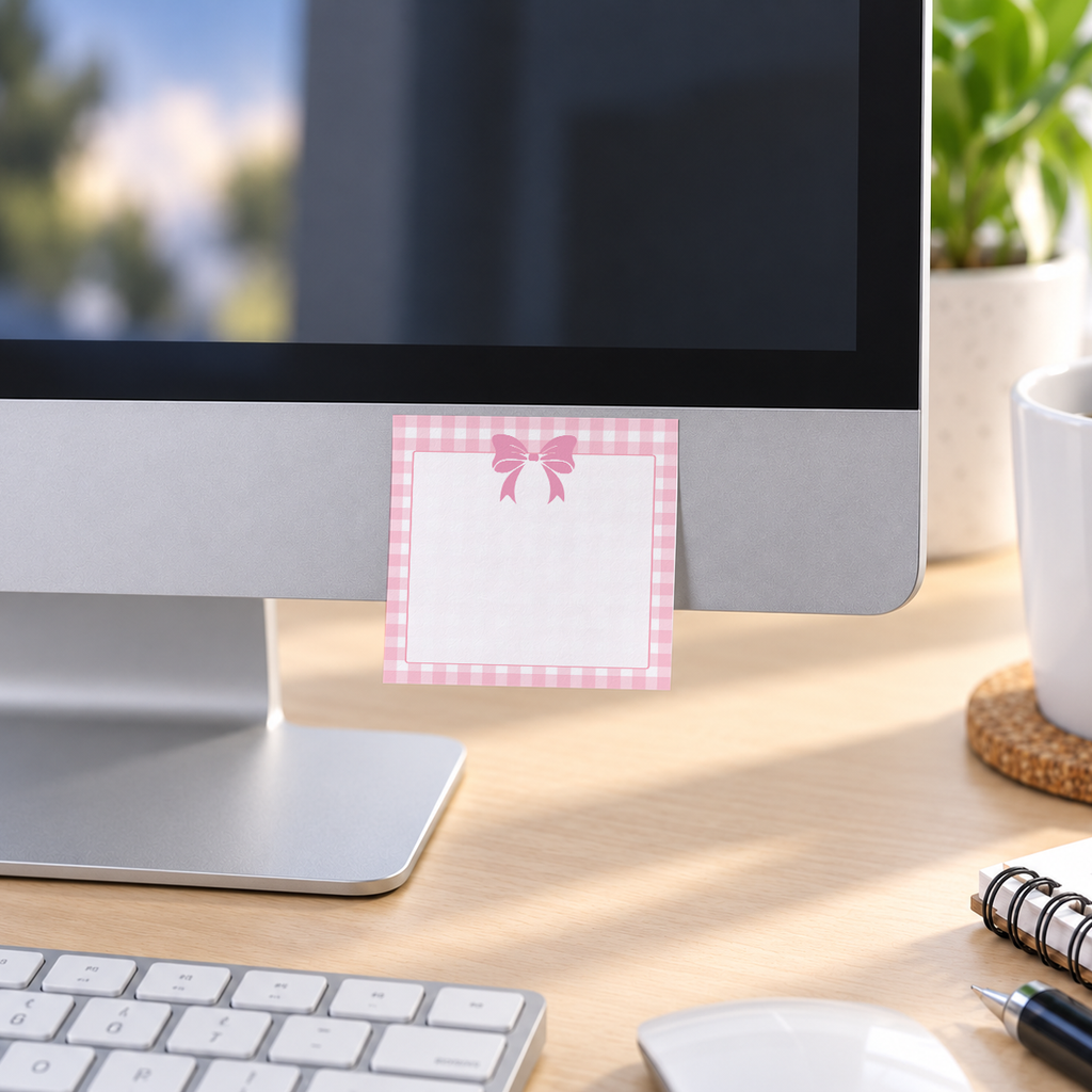 Pink Gingham Top Bow memo pad in an office or home workspace