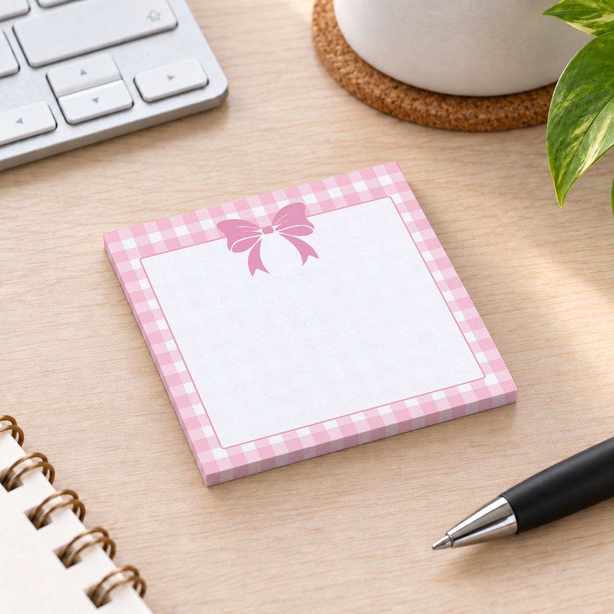 Close-up of Pink Gingham Top Bow sticky note design and writable area