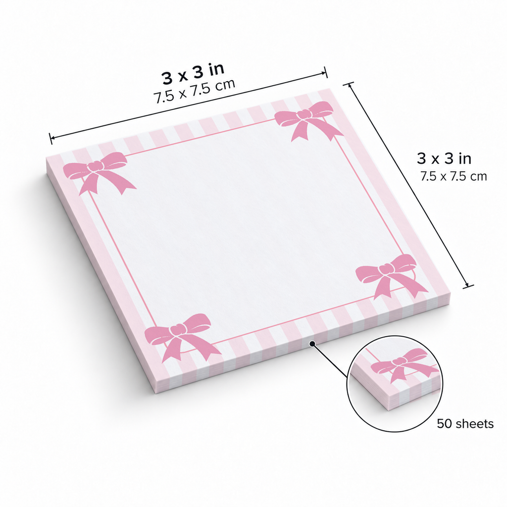 Pink Striped Corner Bows sticky notes, 3x3 in (7.5 x 7.5 cm), 50 sheets