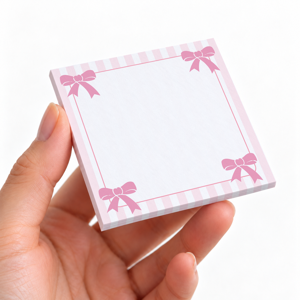 Pink Striped Corner Bows sticky note pad on a desk with stationery