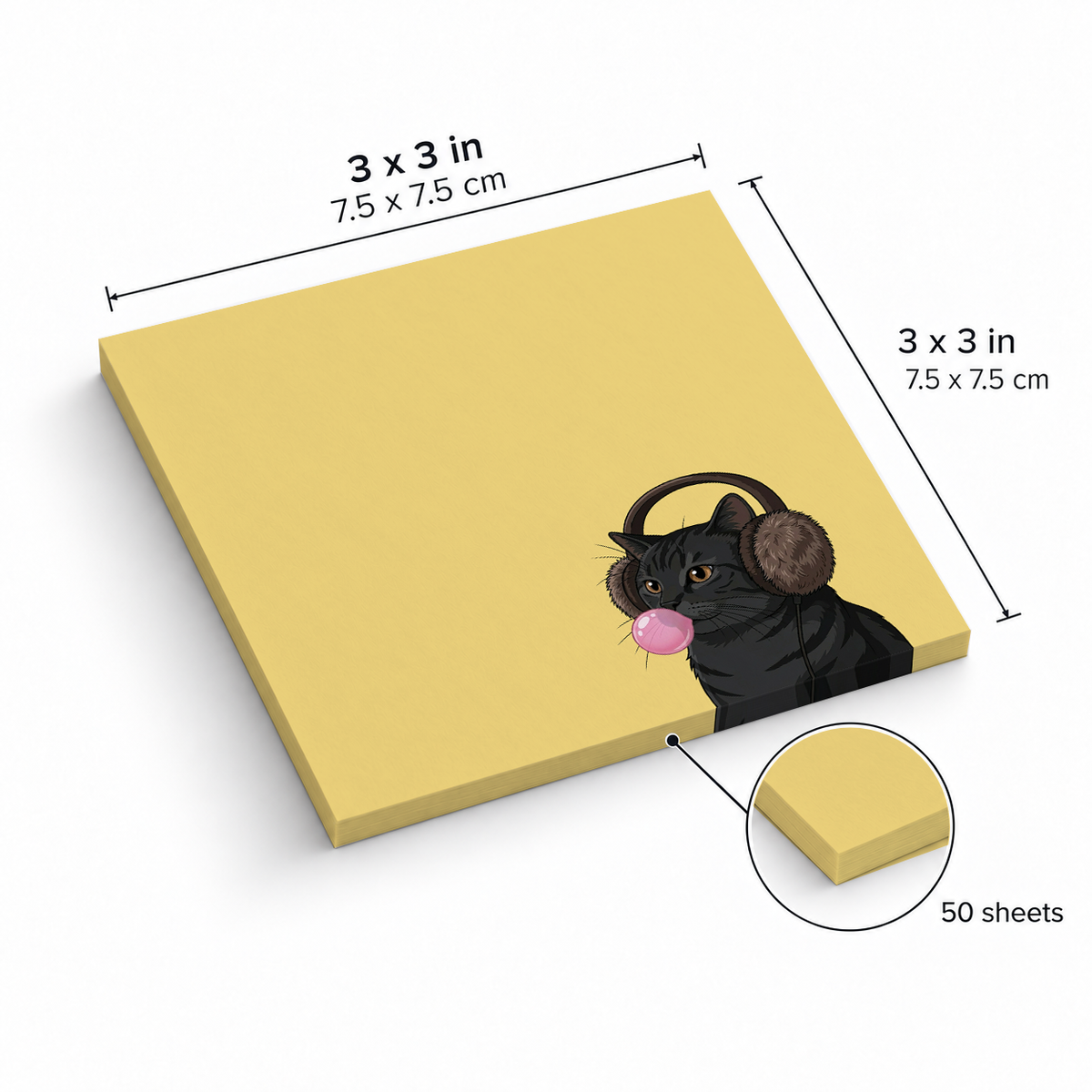 Black Cat Bubblegum sticky notes, 3x3 in (7.5 x 7.5 cm), 50 sheets