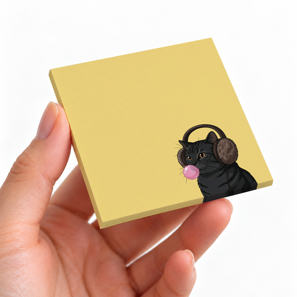 Black Cat Bubblegum sticky note pad on a desk with stationery