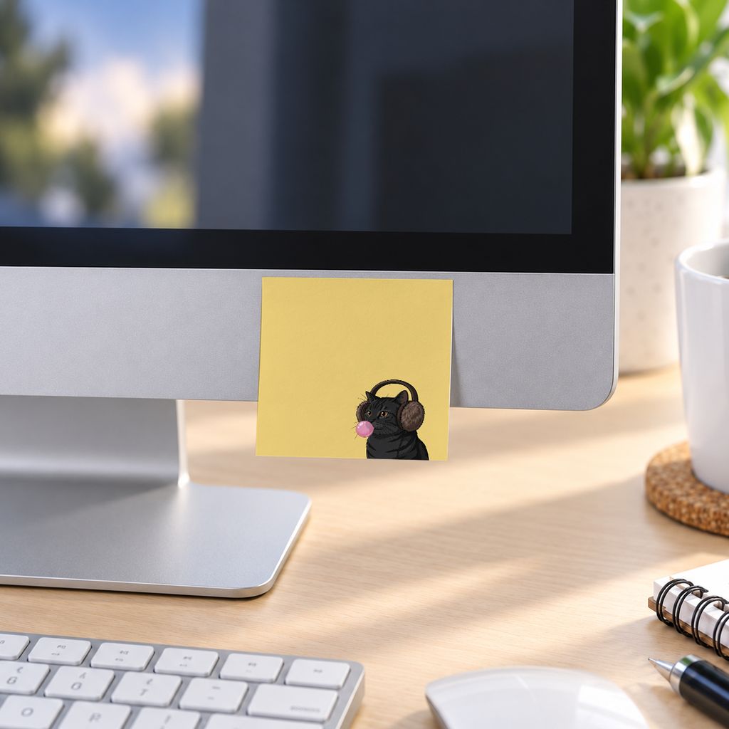 Black Cat Bubblegum memo pad in an office or home workspace
