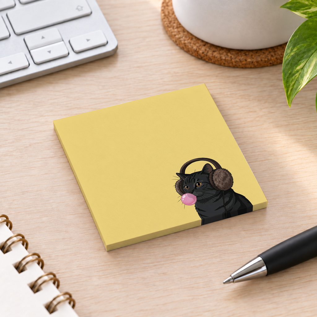 Close-up of Black Cat Bubblegum sticky note design and writable area