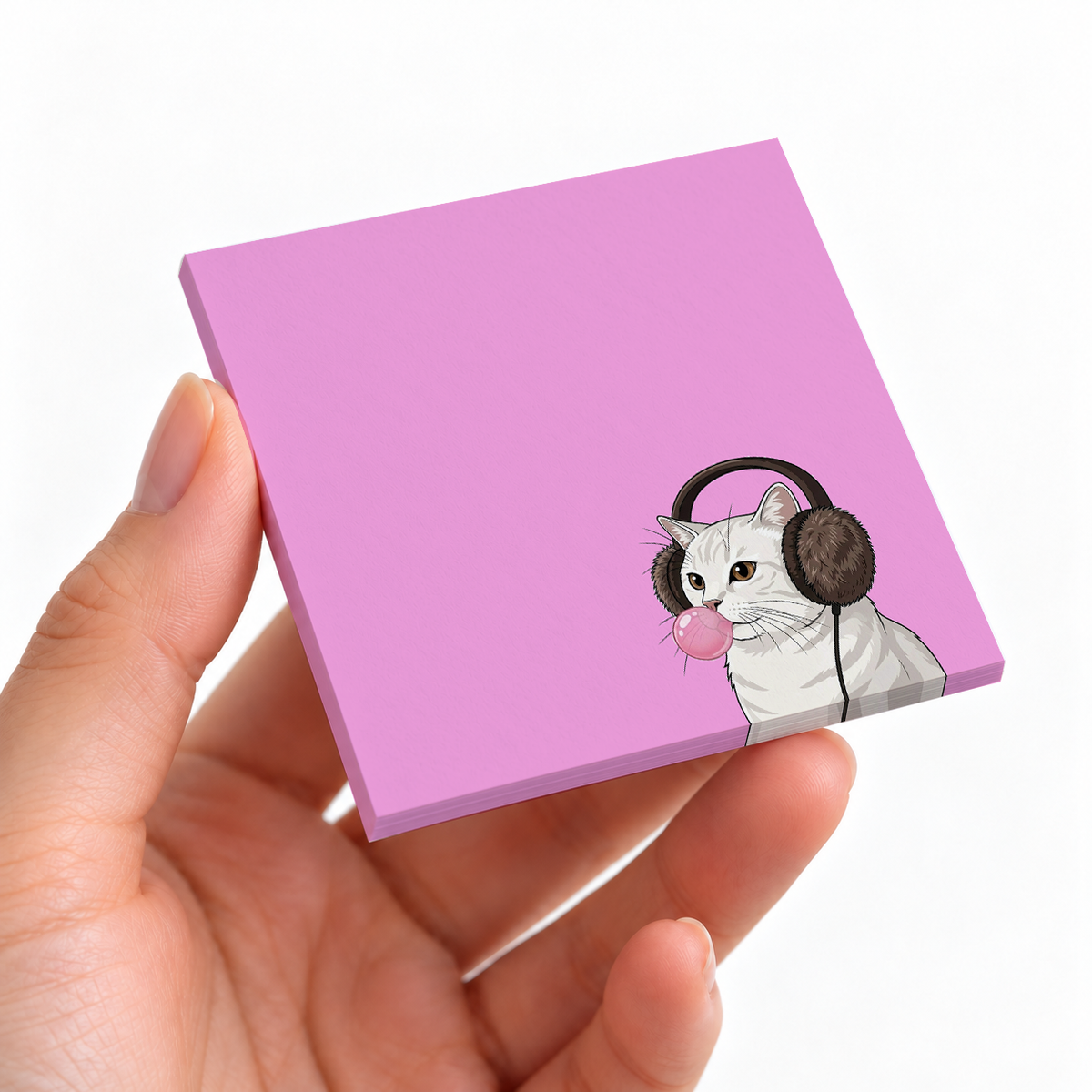 White Cat Bubblegum sticky note pad on a desk with stationery