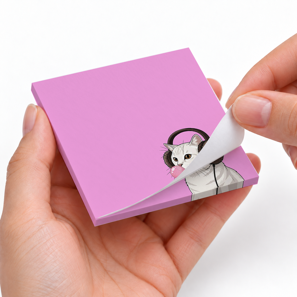 White Cat Bubblegum sticky notes styled with a planner and desk accessories