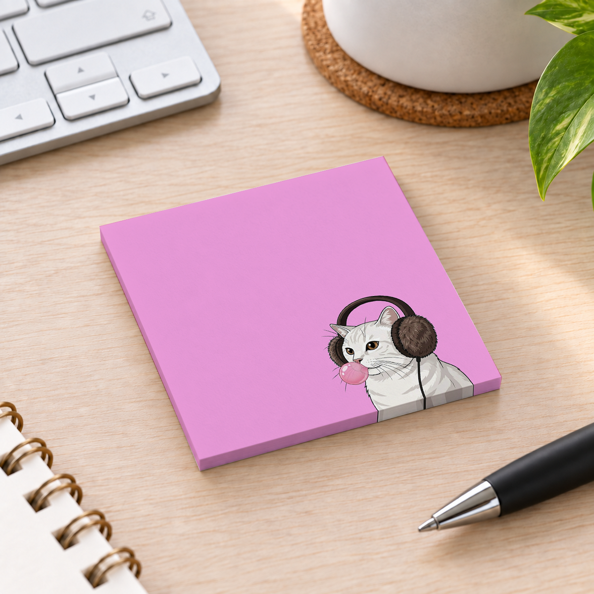 Close-up of White Cat Bubblegum sticky note design and writable area