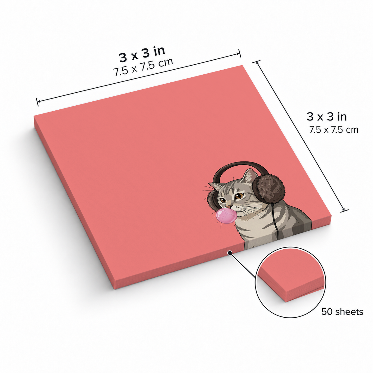 Grey Tabby Bubblegum sticky notes, 3x3 in (7.5 x 7.5 cm), 50 sheets