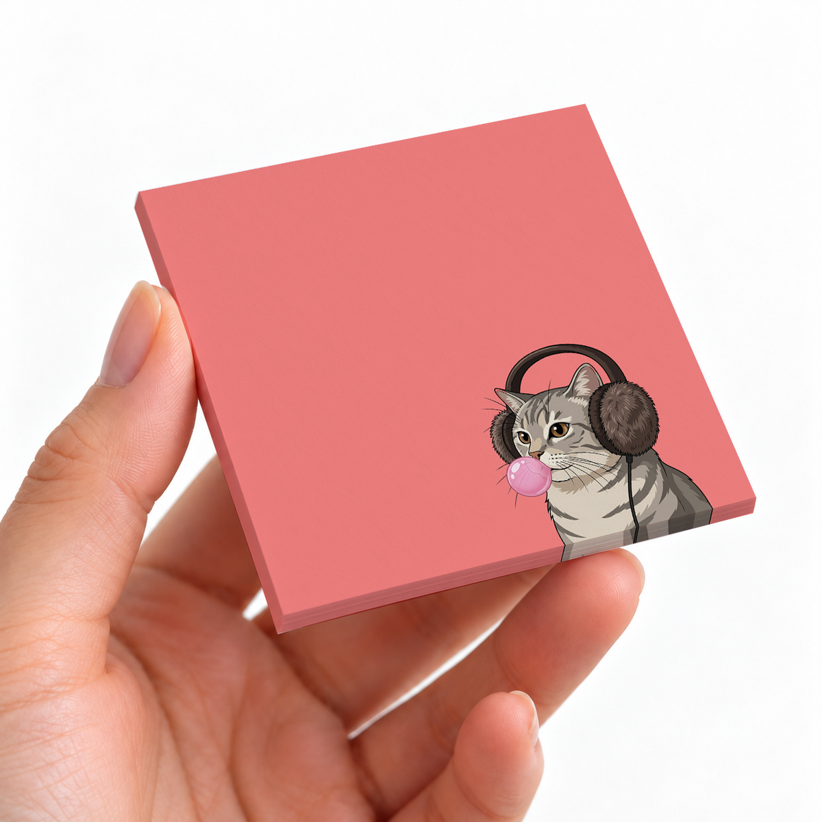 Grey Tabby Bubblegum sticky note pad on a desk with stationery