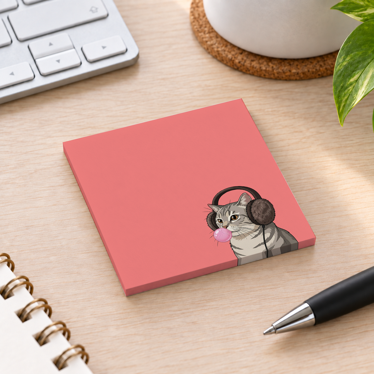 Close-up of Grey Tabby Bubblegum sticky note design and writable area