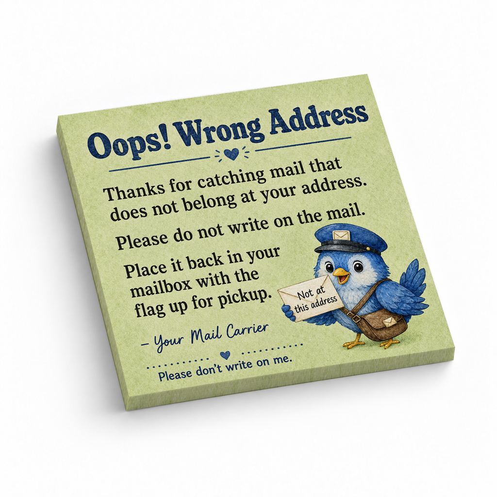Oops Wrong Address Postal Carrier 3x3 sticky notes, 50-sheet memo pad