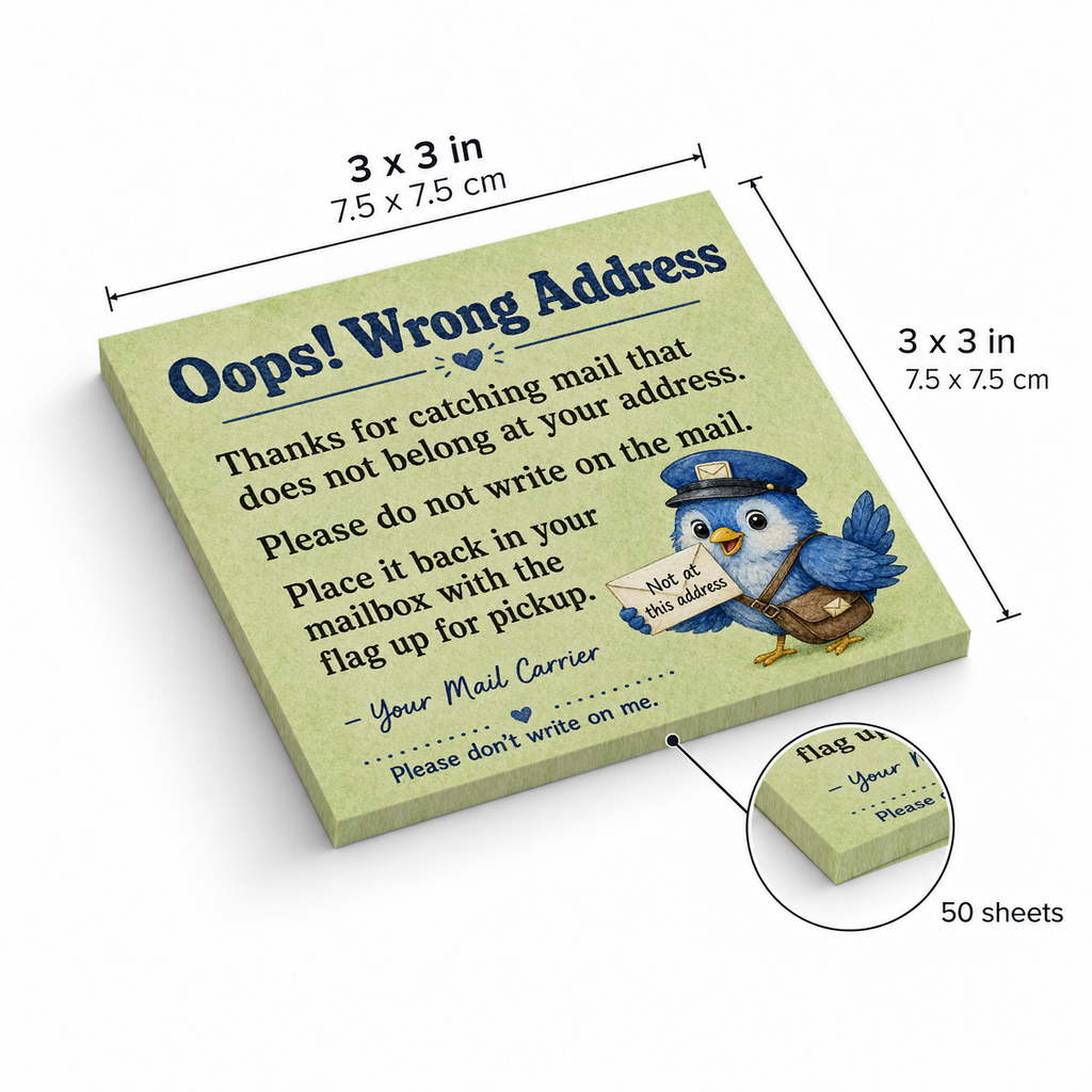 Oops Wrong Address Postal Carrier sticky notes, 3x3 in (7.5 x 7.5 cm), 50 sheets