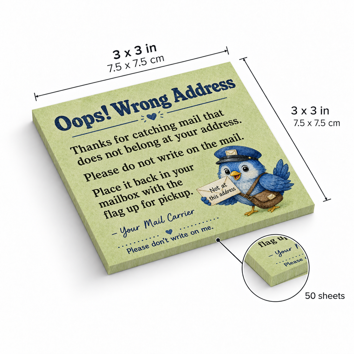Oops Wrong Address Postal Carrier sticky notes, 3x3 in (7.5 x 7.5 cm), 50 sheets