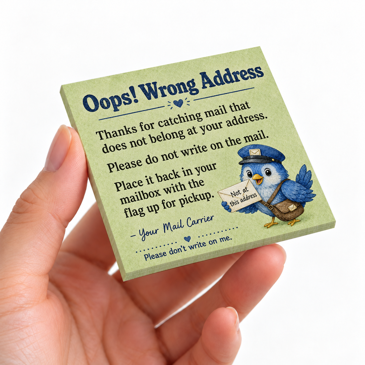 Oops Wrong Address Postal Carrier sticky note pad on a desk with stationery