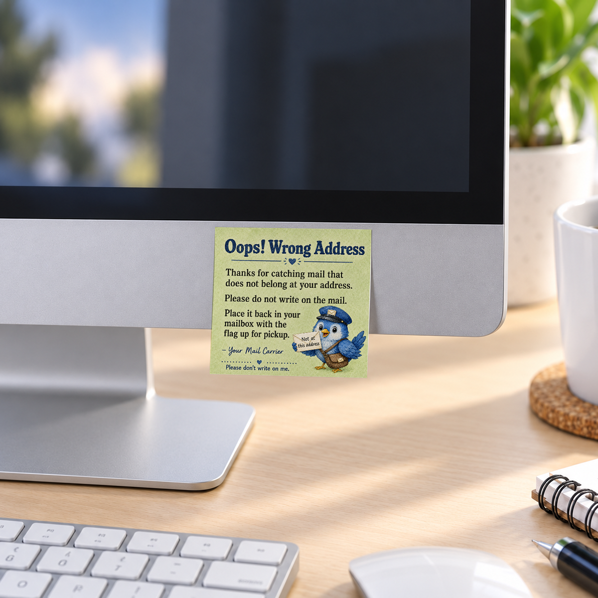 Oops Wrong Address Postal Carrier memo pad in an office or home workspace
