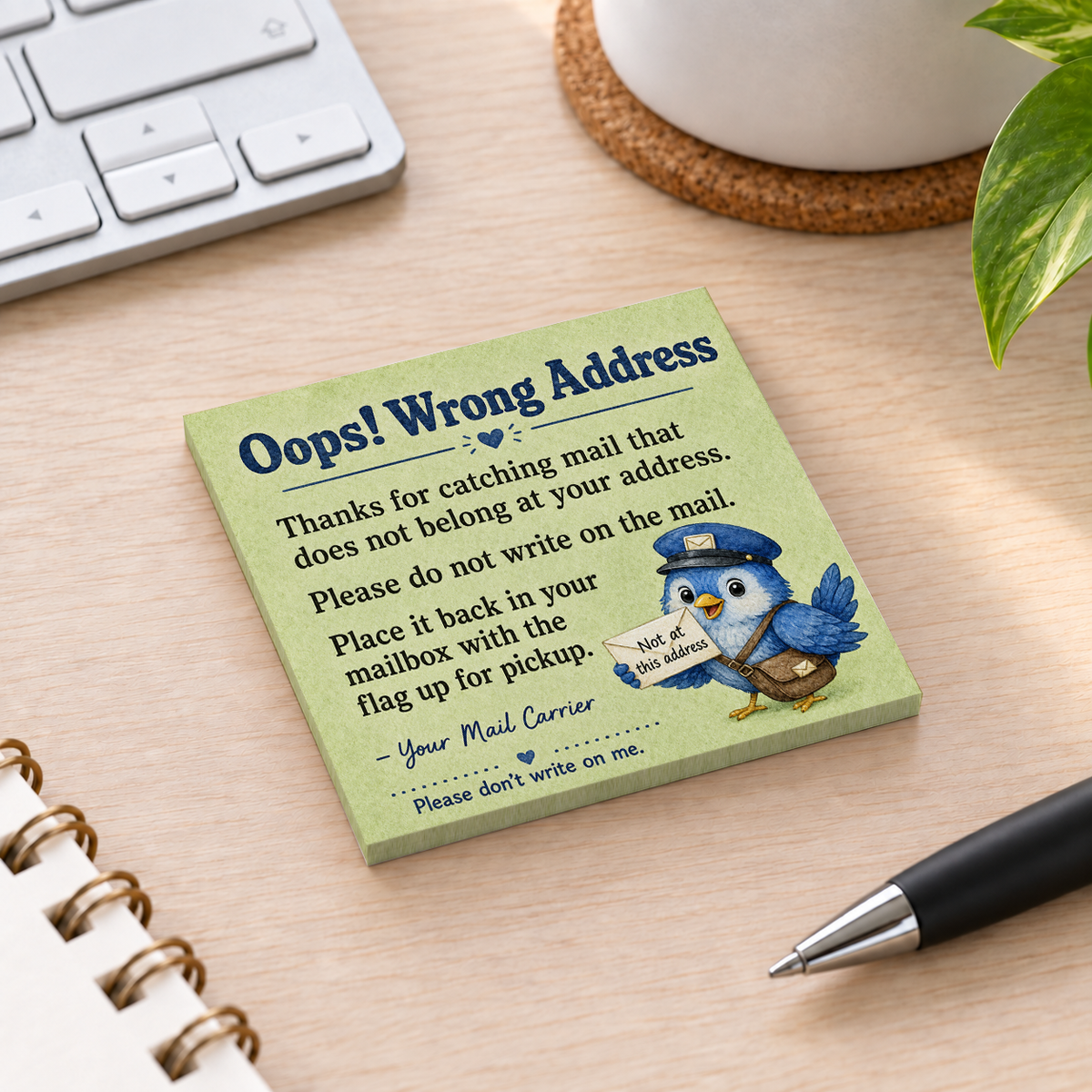 Close-up of Oops Wrong Address Postal Carrier sticky note design and writable area