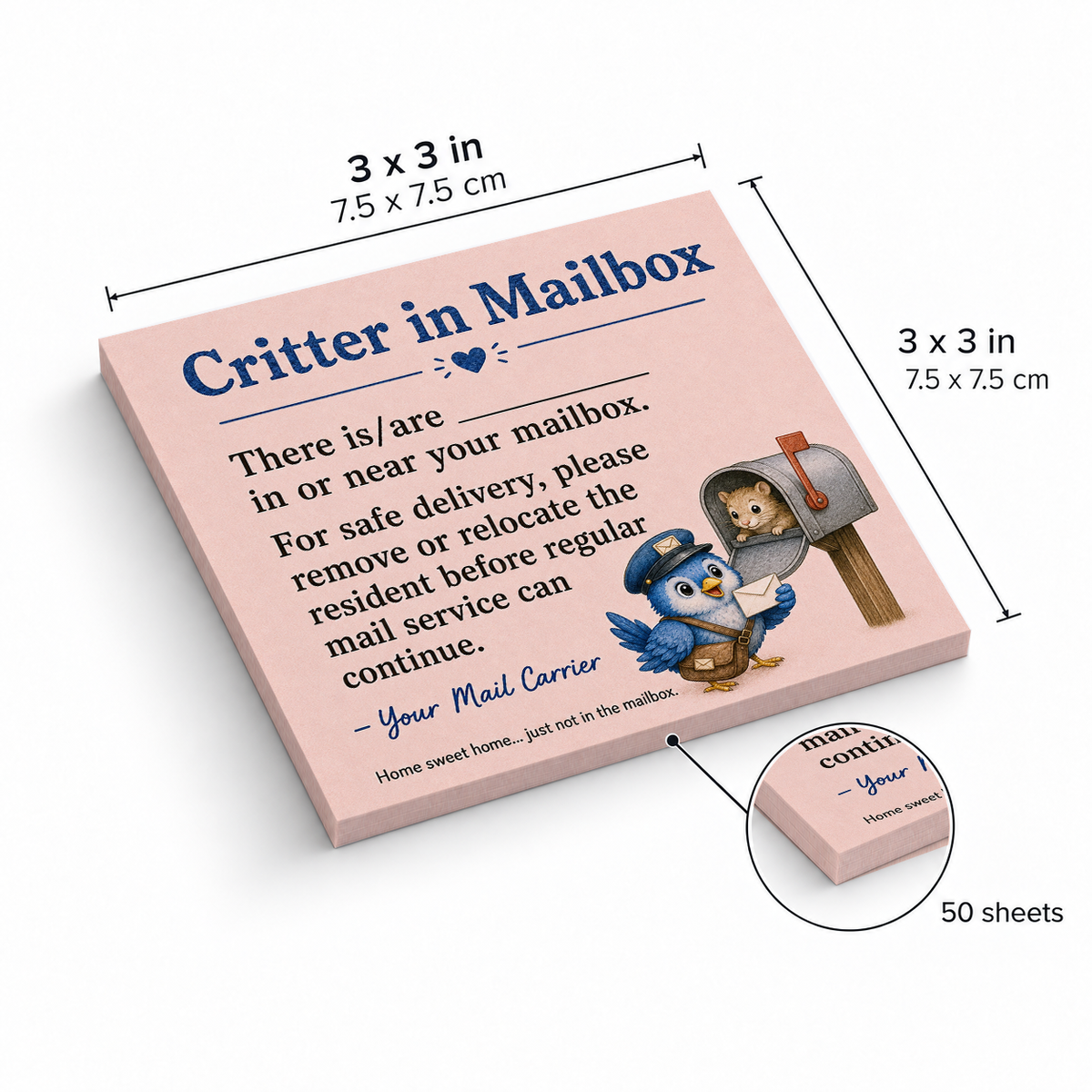 Critter in Mailbox Mail Carrier sticky notes, 3x3 in (7.5 x 7.5 cm), 50 sheets