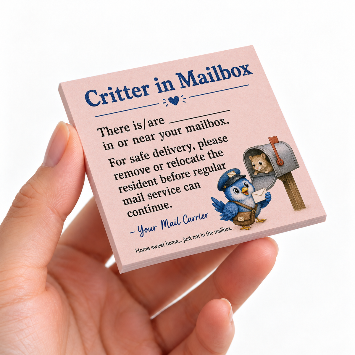 Critter in Mailbox Mail Carrier sticky note pad on a desk with stationery