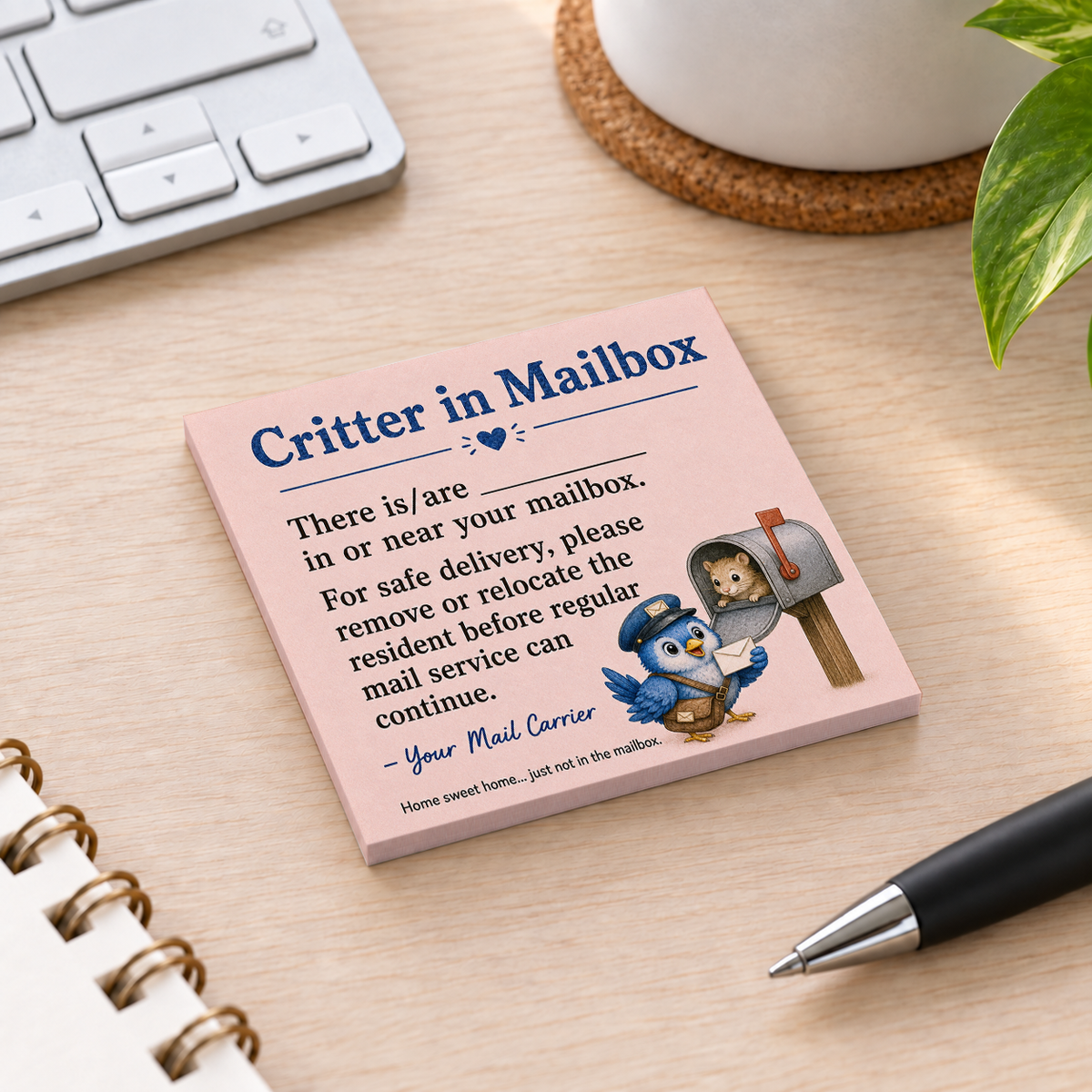 Close-up of Critter in Mailbox Mail Carrier sticky note design and writable area
