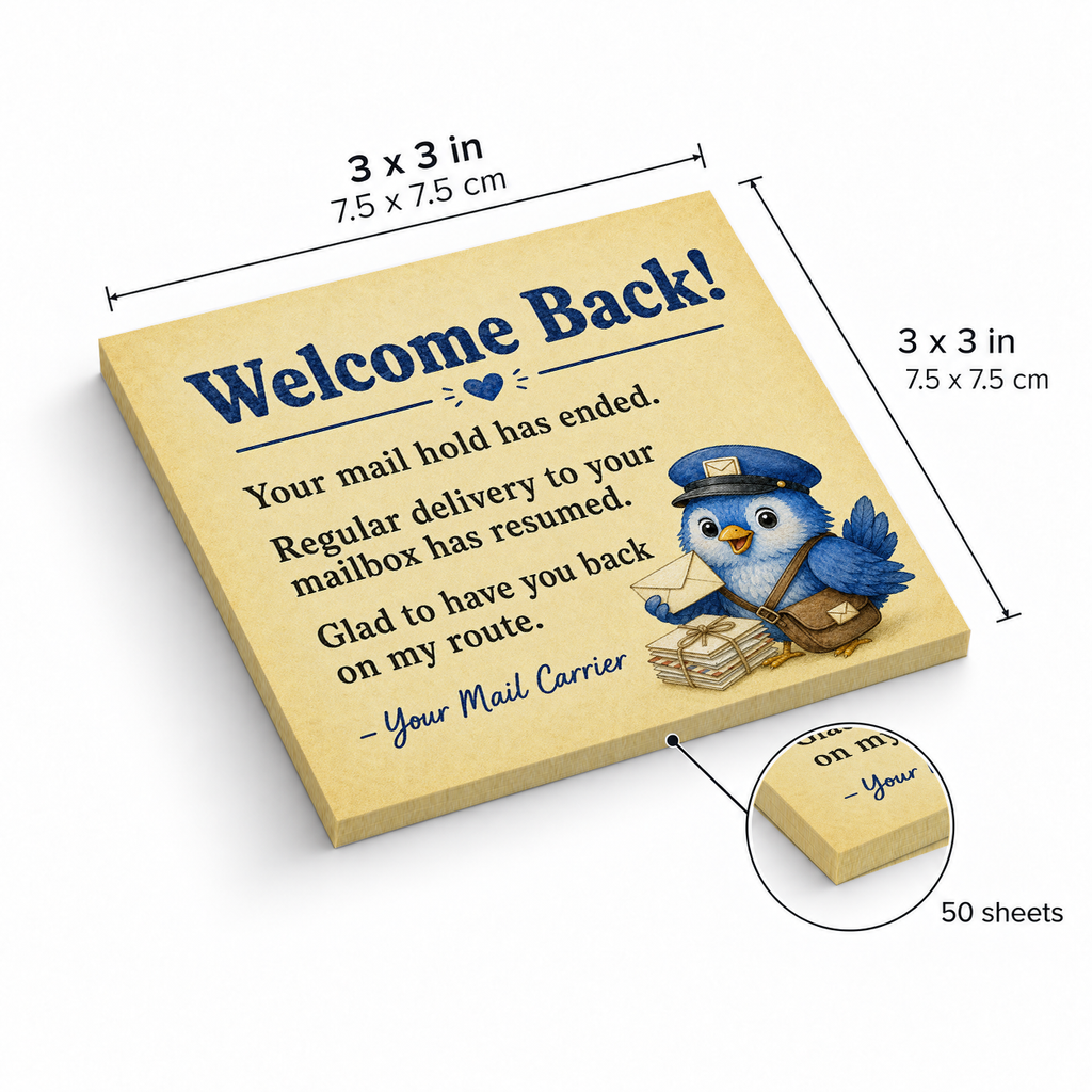 Welcome Back Mail Hold Ended sticky notes, 3x3 in (7.5 x 7.5 cm), 50 sheets