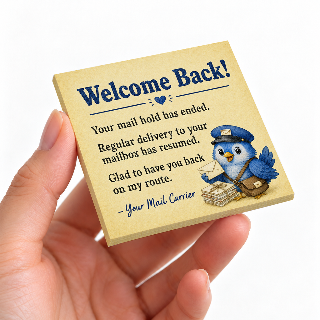 Welcome Back Mail Hold Ended sticky note pad on a desk with stationery