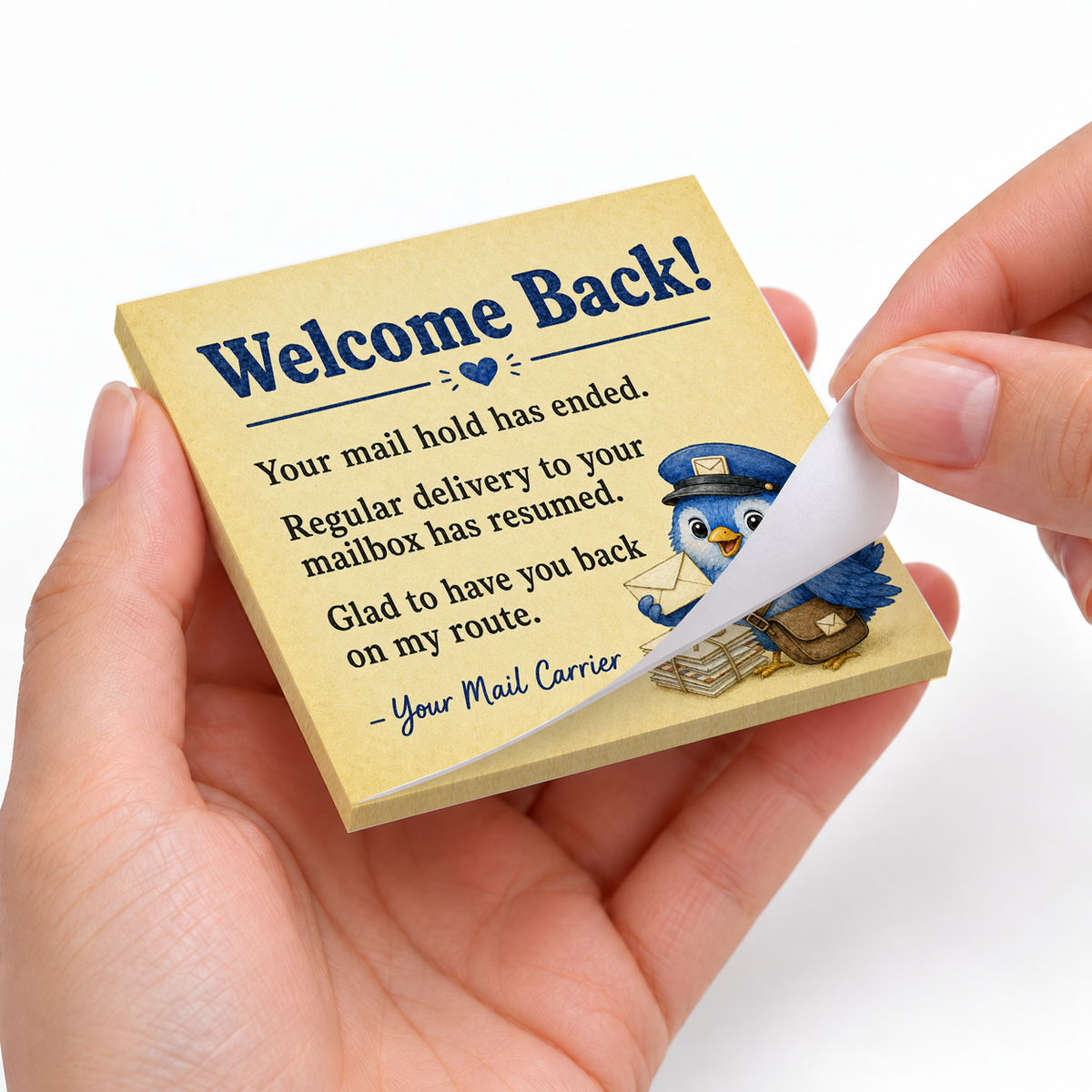 Welcome Back Mail Hold Ended sticky notes styled with a planner and desk accessories
