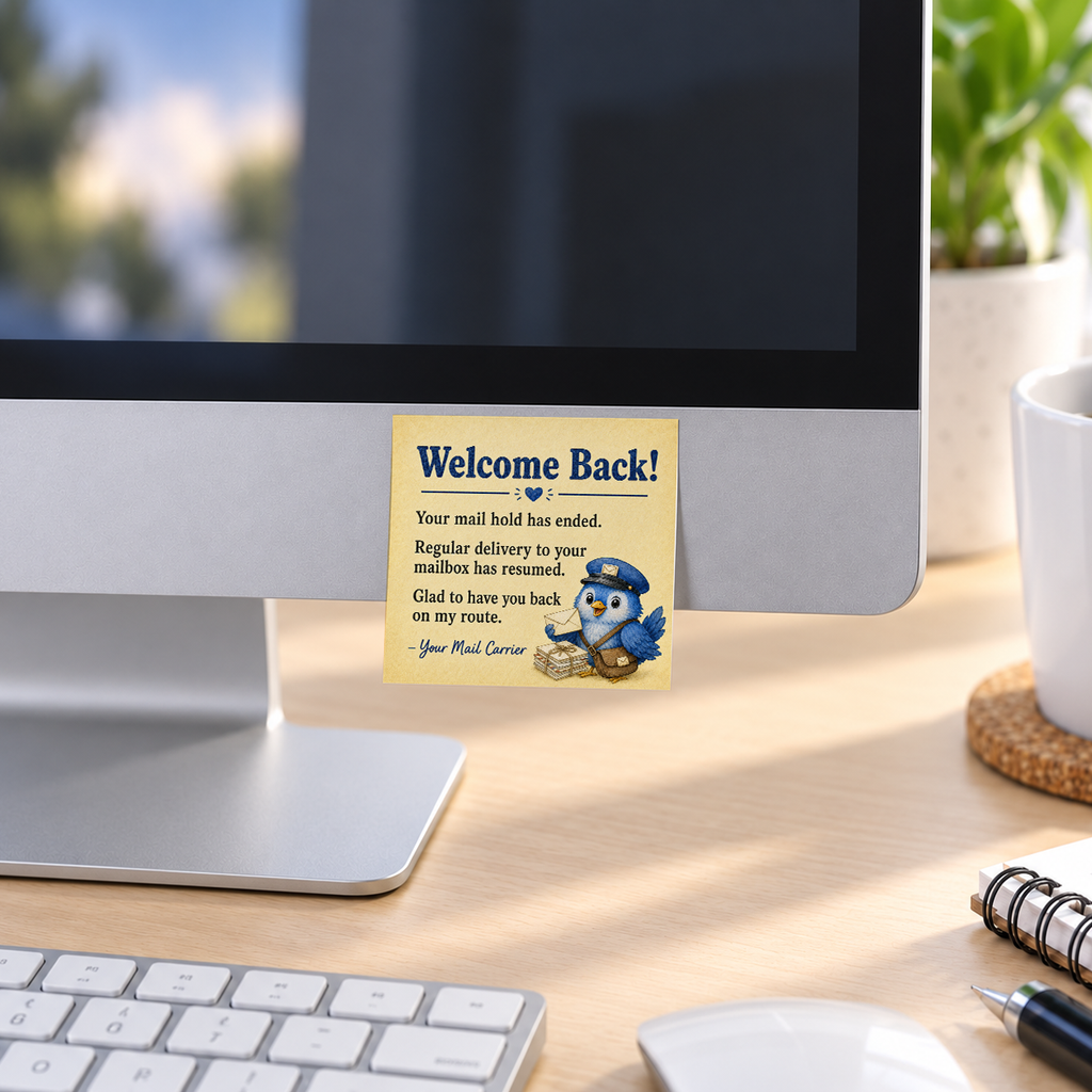 Welcome Back Mail Hold Ended memo pad in an office or home workspace